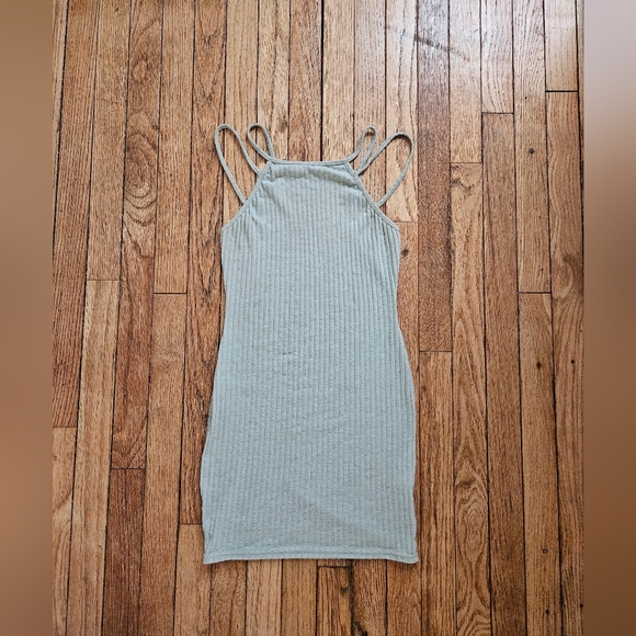 PrettyLittleThing Dresses & Skirts - PrettyLittleThing Light Sage Ribbed Bodycon Mini Halter Dress